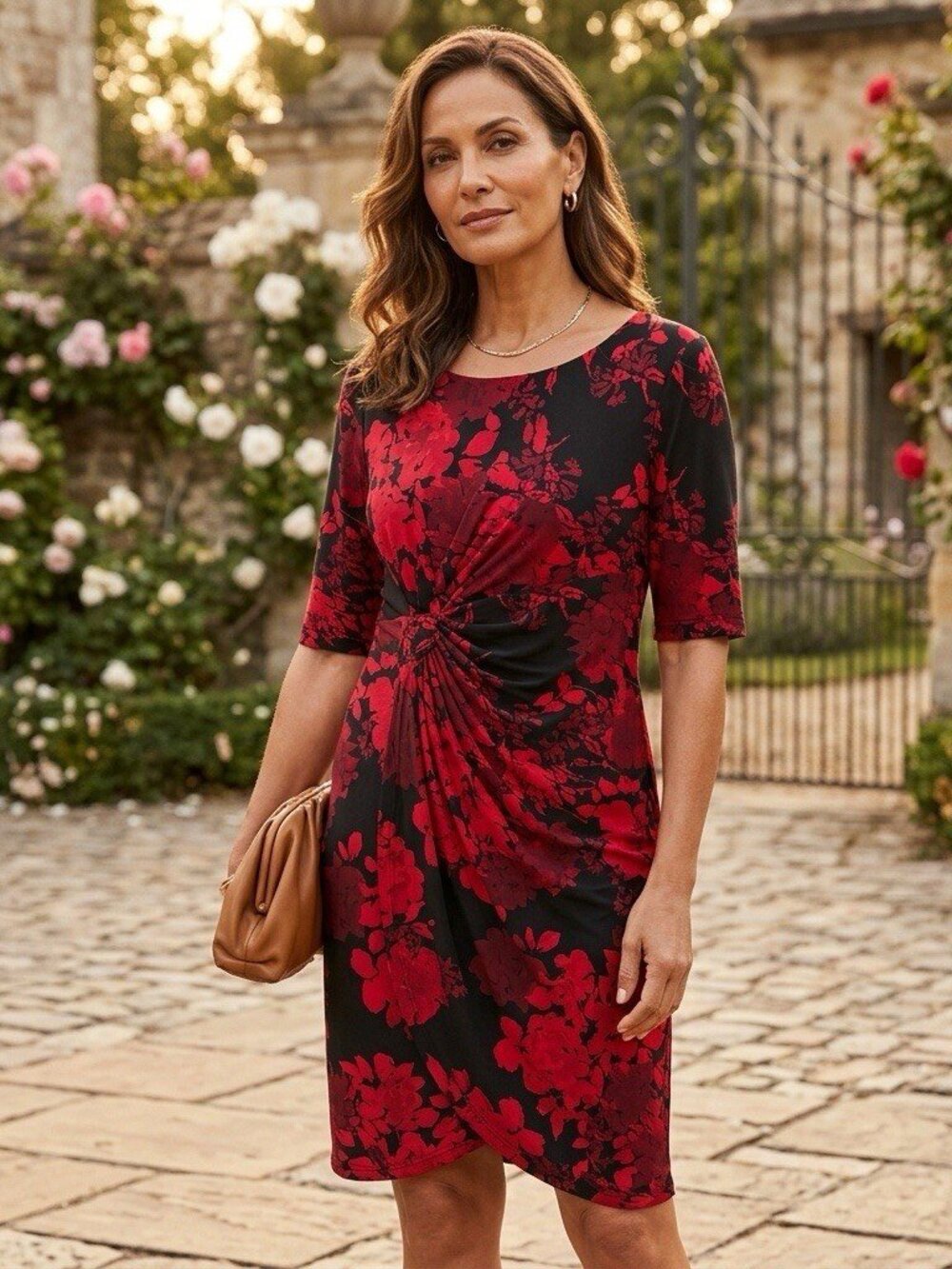 NWT Connected Apparel sz 16 Gathered Waist Black & Red Stretch Knee Length Dress